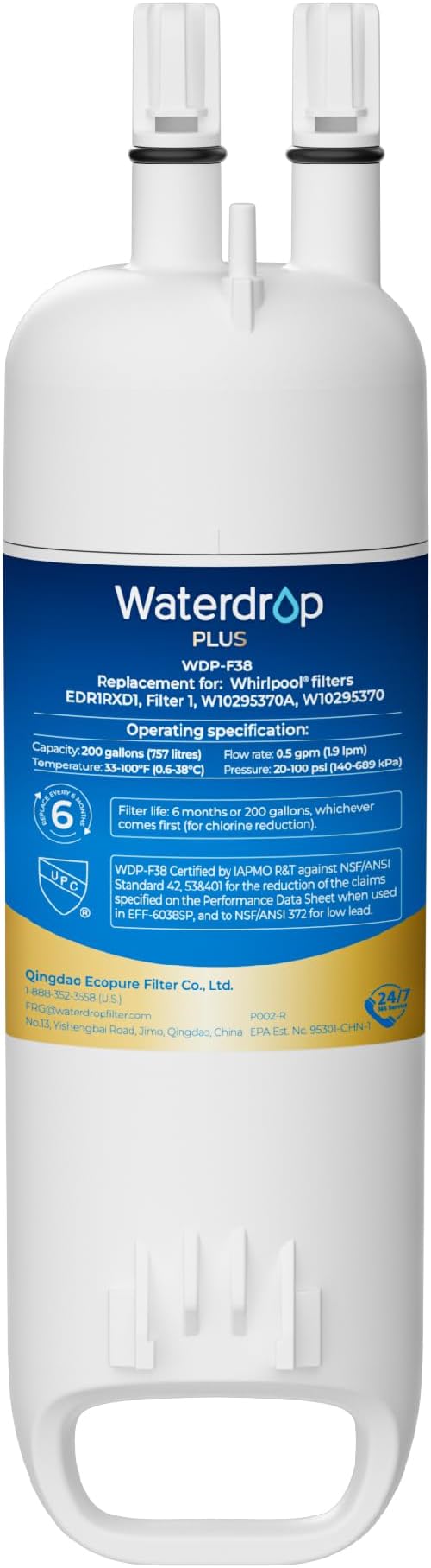 Waterdrop EDR1RXD1 Refrigerator Water Filter | NSF401, Replacement for Everydrop® Filter 1,W10295370A EDR1RXD1B, P8RFWB2L, P4RFWB, 46-9081, 46-9930