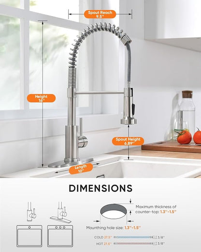 Pull Down Kitchen Faucet with Spring Sprayer, Brushed Nickel — SUS304 Lead-Free Stainless Steel, Single Handle, Fits 1 or 3-Hole Sink with Deck Plate for Farmhouse, RV, Bar, Laundry Room