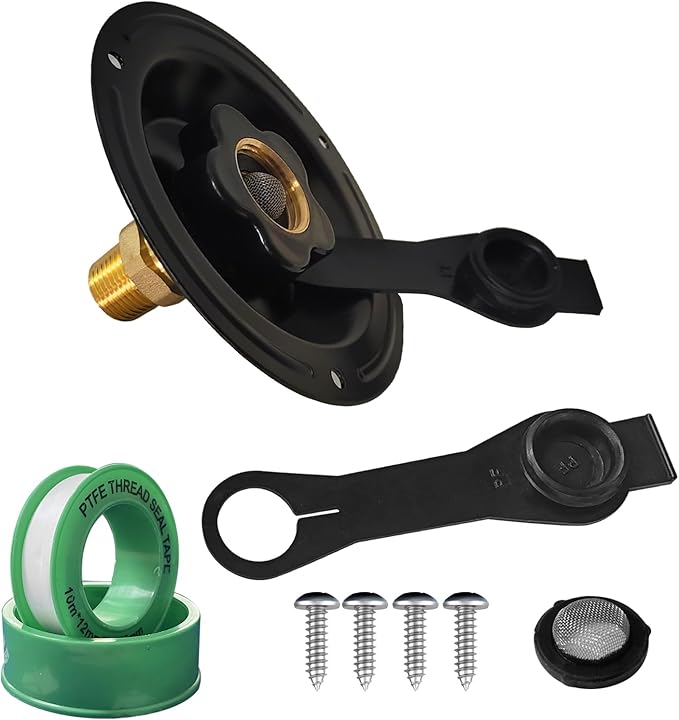 RV City Water Inlet with Check Valve, 3/4 NH Female to 1/2 NPT Male Black Flange RV Fresh Water Inlet, RV Water Inlet Replacement, RV Water Inlet with Dust Plug for RV Camper Motorhome, Black