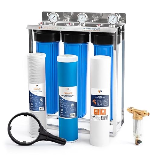 Aquaboon 3-Stage Whole House Water Filter System with 5 Micron 20x4.5 House Water Purification Reducing Sediment and Odors, Carbon Chlorine Reduction Filter (CTO), Pressure Gauge, Wrench, Bracket