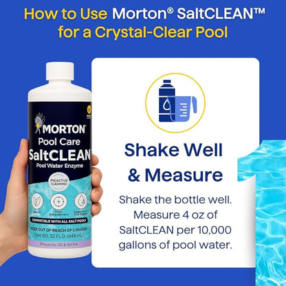 Morton SaltCLEAN | All-Natural Enzyme Pool Clarifier for Clearer Water | Breaks Down Oils, Lotions & Scum | Weekly Maintenance for All Pool Types | 32oz