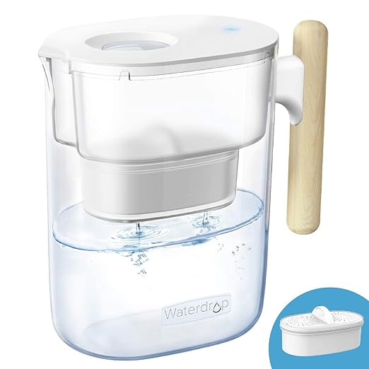 Waterdrop PT-04C Water Filter Pitcher, 10-Cup Capacity, NSF Certified, 200-Gallon Long-Life Filter, 5X Longer Filter Life, Reduces PFOA/PFOS and Chlorine, BPA-Free, Sturdy Wooden Handle, Clear