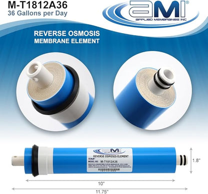 APPLIED MEMBRANES INC. 36 GPD Reverse Osmosis Membrane | RO Membrane Water Filter Replacement for Reverse Osmosis Water Filtration System | 1.8” x 12” Universal Compatibility | Made in USA M-T1812A36