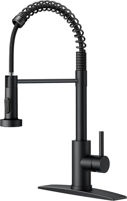 FORIOUS Black Kitchen Faucet with Pull Down Sprayer, Stainless Steel Commercial Single Handle Classic Spring Pull Out Kitchen Sink Faucet for Pot Filler, Farmhouse Camper Bar Laundry Room