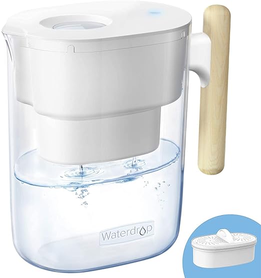 Waterdrop PT-04W Water Filter Pitcher, 10-Cup Capacity, NSF Certified, 200-Gallon Long-Life Filter, 5X Longer Filter Life, Reduces PFOA/PFOS and Chlorine, BPA-Free, Sturdy Wooden Handle, White