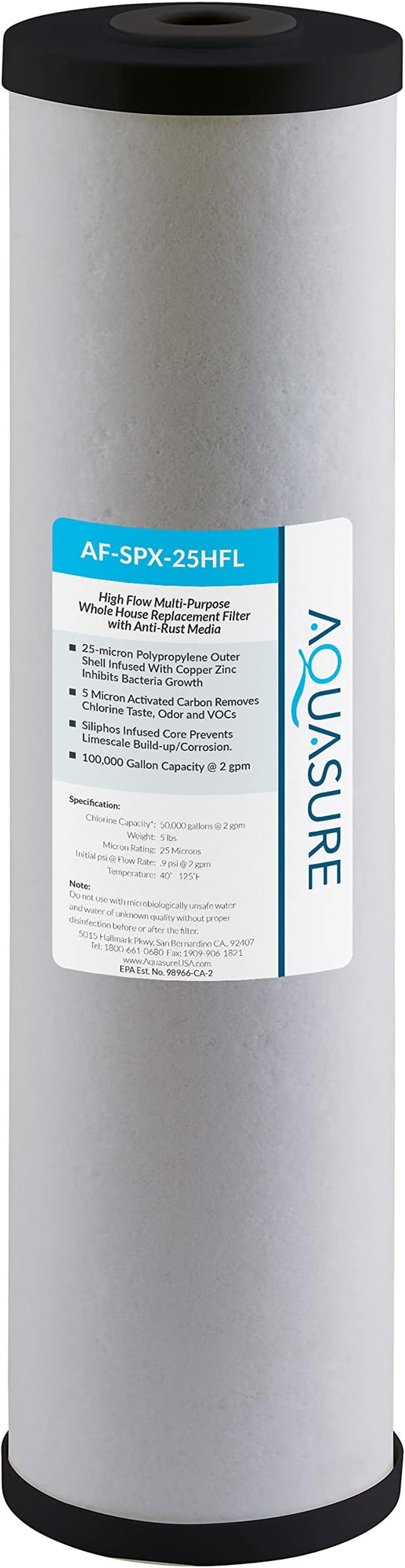 Aquasure Fortitude V2 Series AF-SPX-25HFL Sediment/Carbon/Siliphos Anti-Rust Media, Bacteria & Scale Inhibitor, Triple Purpose Whole House Replacement Filter Cartridge For AS-FL-25SPX, Large Size