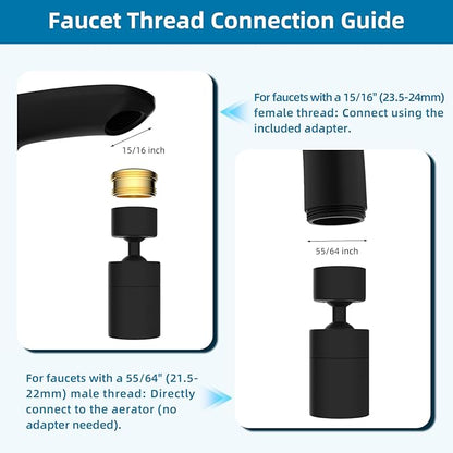 Hibbent NSF/ANSI/CAN 61 Certified Faucet Aerator, Kitchen Sink Faucet Aerator, 2-Flow CUPC Certification 360-degree Swivel Faucet Extender, 55/64 Inch Female Thread, Water Saving-Matte Black