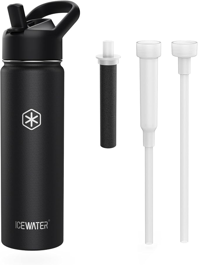 ICEWATER 24 oz Versatile Water Bottle, Regular & Filtered Straw with Filter | Reduces Chlorine Taste & odor, Removes Microplastics and Particulates, Ideal for Travel, Stainless Steel Insulated, BPA-Free