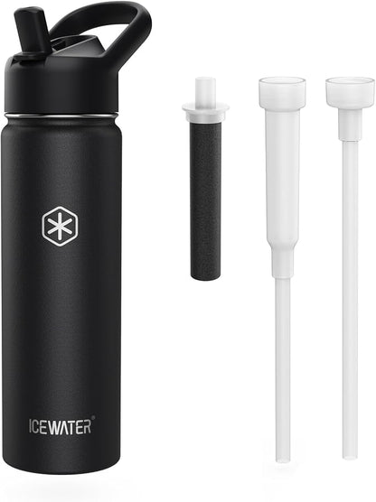 ICEWATER 24 oz Versatile Water Bottle, Regular & Filtered Straw with Filter | Reduces Chlorine Taste & odor, Removes Microplastics and Particulates, Ideal for Travel, Stainless Steel Insulated, BPA-Free
