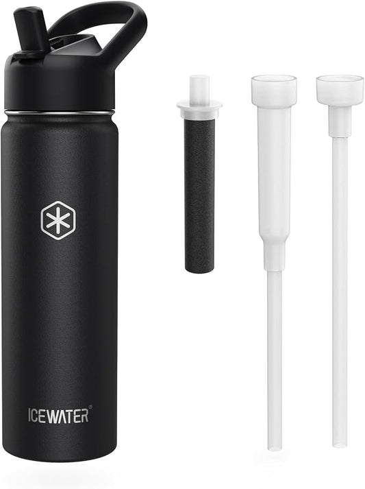ICEWATER 24 oz Versatile Water Bottle, Regular & Filtered Straw with Filter | Reduces Chlorine Taste & odor, Removes Microplastics and Particulates, Ideal for Travel, Stainless Steel Insulated, BPA-Free