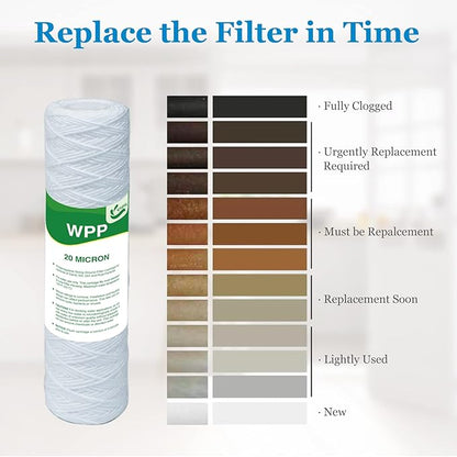 20 Micron String Wound Whole House Water Filter 10" x 2.5", 10-inch Universal Sediment Pre-Filters for Well Water, Replacement Cartridge for FXWSC, CW-F, CW-MF, 1SS, W5W, AO-WH-PRE-R2, 6-Pack