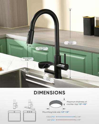 Kitchen Faucet with Cup Washer Pull Down Sprayer Stainless Steel Kitchen Sink Faucet with Deck Plate Glass Rinser Single Hole Black