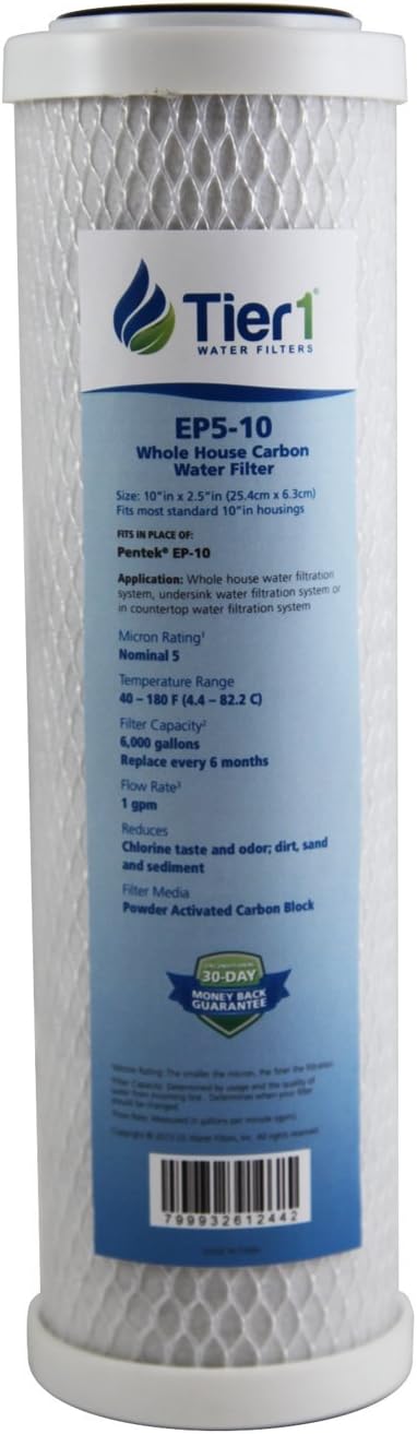 Tier1 5 Micron 10 x 2.5 Water Filter | Whole House Carbon Block Water Filter Replacement Cartridge | Compatible with Pentek EP-10, 42-34373, 155531-43, CB-25-1005, MAXETW-975 | 2.5 x 10 Water Filter