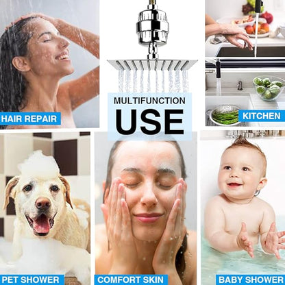 Chrome 15 Stage Shower Head Filter for Hard Water - High Output, Reduces Chlorine, Soothes Dry Skin & Itchy Scalp - Includes 2 Replaceable Filter Cartridges