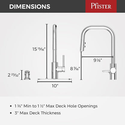 Pfister Zanna Kitchen Faucet with Pull Down Sprayer and Soap Dispenser, Single Handle, High Arc, NSF Certified, Polished Chrome Finish, F5297ZNRC
