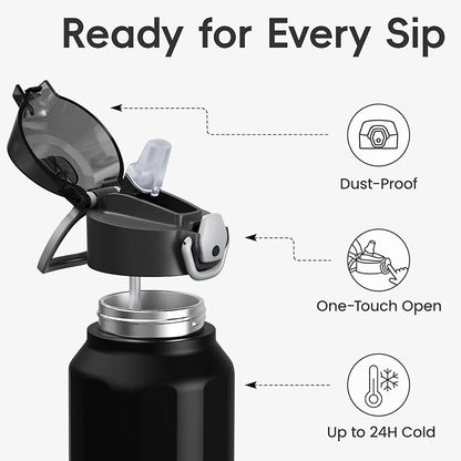 Konokyo FLOWPLAY 40oz Locking Push-Button Water Bottle with Silicone Spout,Leak-Proof,18/8 Stainless Steel Double-Wall Vacuum Insulated for Sports and Travel,BPA-Free,Black
