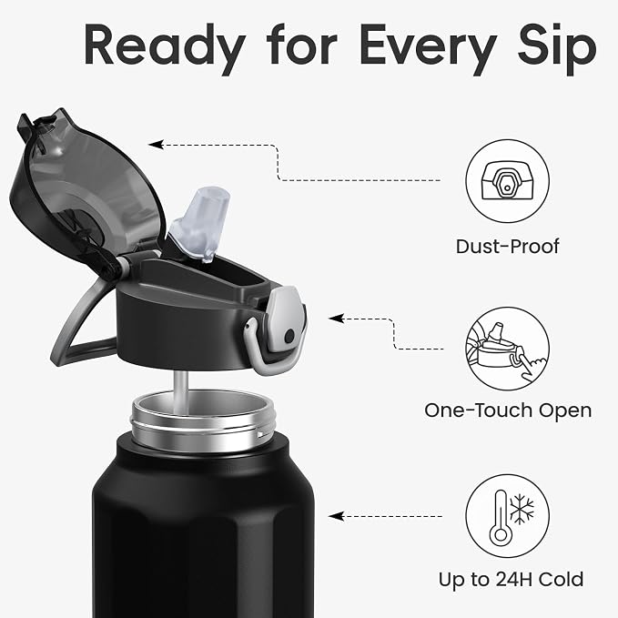 Konokyo FLOWPLAY 32oz Locking Push-Button Water Bottle with Silicone Spout,Leak-Proof,18/8 Stainless Steel Double-Wall Vacuum Insulated for Sports and Travel,BPA-Free,Black