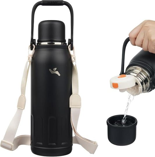 Konokyo Insulated Water Bottle with Handle and Strap,Vacuum Travel Tumbler with Cup Lid,Thermo Coffee Cup for Hot Cold Drinks 50 OZ,Black