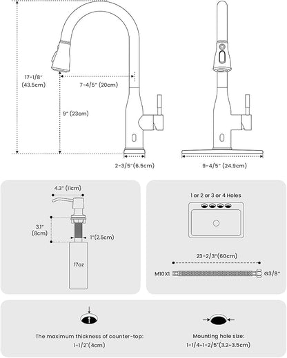 APPASO Touchless Kitchen Faucet with Soap Dispenser and Pull Down Sprayer | Brushed Nickel S304 Stainless Steel cUPC Lead-Free Hoses Hands-Free Motion Sensor Faucets 3 Modes for Farmhouse RV Sink