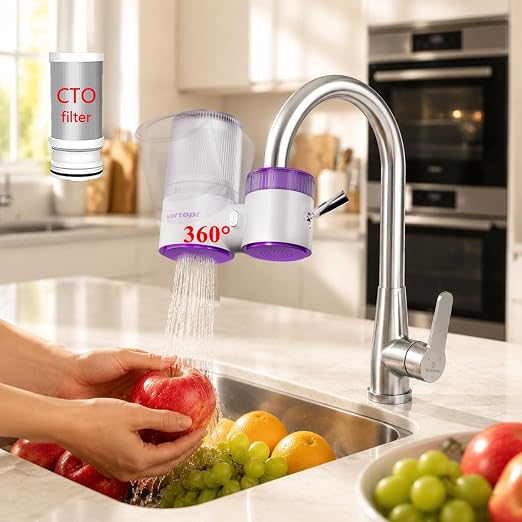 Vortopt T10-Purple Water Purifier for Faucet, 360° Rotary Faucet Filter | Carbon Block Filter Reduces 99% of Chlorine & Improves Taste. 350-Gallon Faucet Water Filter for Sink Faucet, With 1 Filter.