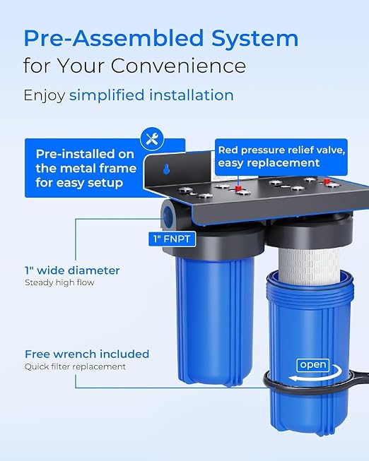 Waterdrop WHF21-PBL 2-Stage Whole House Water Filter System, 5 Micron | Highly Reduces Lead, PFAS and Heavy Metals, Taste, 5-Stage Filtration, with Carbon and Sediment Filter, 1" Inlet/Outlet