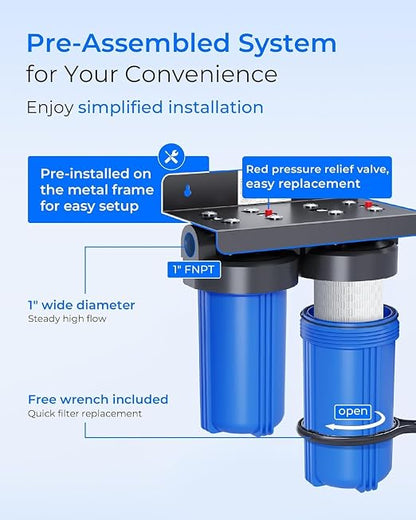 Waterdrop WHF21-PBL 2-Stage Whole House Water Filter System, 5 Micron | Highly Reduces Lead, PFAS and Heavy Metals, Taste, 5-Stage Filtration, with Carbon and Sediment Filter, 1" Inlet/Outlet