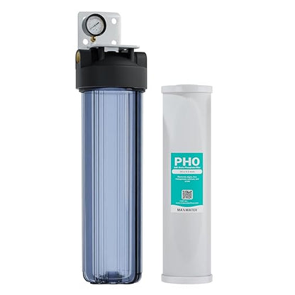 20 x 4.5 Whole House 1 Stage Anti Scale Phosphate Filter System w/ 1" NPTF Port Housing Head Includes Phosphate Filter, Gauge & Bracket BB-20B WH100SP WDS150K CB1-CAB20-BB DB20P