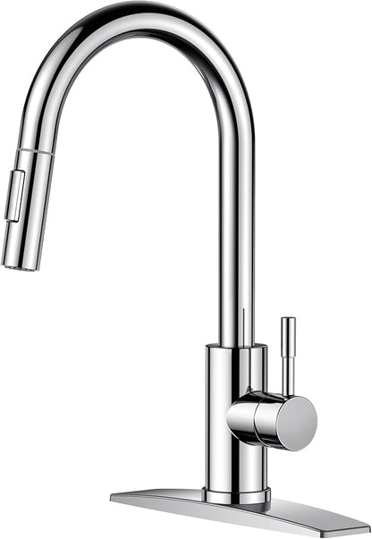 FORIOUS Chrome Kitchen Faucet with Pull Down Sprayer, High Arc Modern Classic Sink Faucet Stainless Steel with Deck Plate Fit for 1 or 3 Hole for Pot Filler Bar Farmhouse Laundry Rv