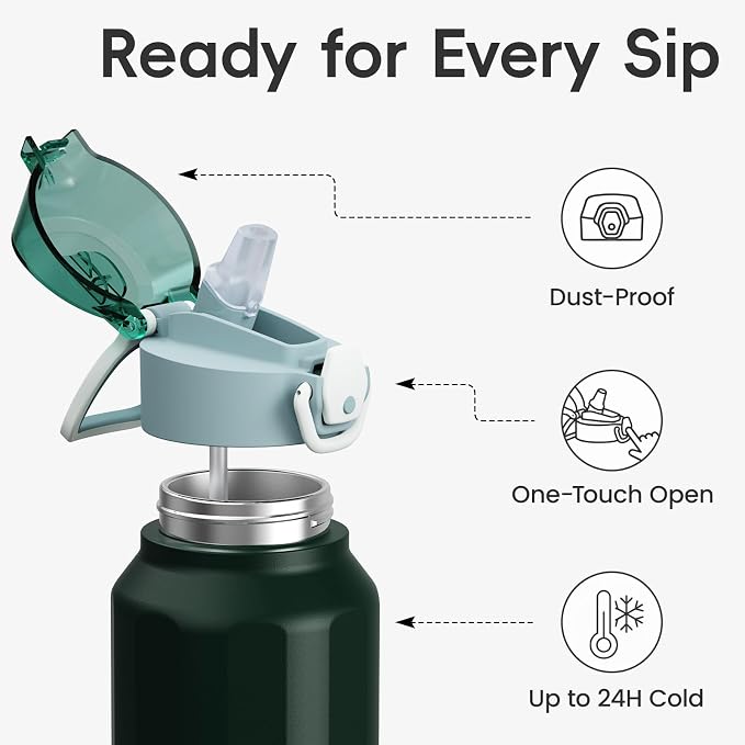 Konokyo FLOWPLAY 40oz Locking Push-Button Water Bottle with Silicone Spout,Leak-Proof,18/8 Stainless Steel Double-Wall Vacuum Insulated for Sports and Travel,BPA-Free,Dark Green