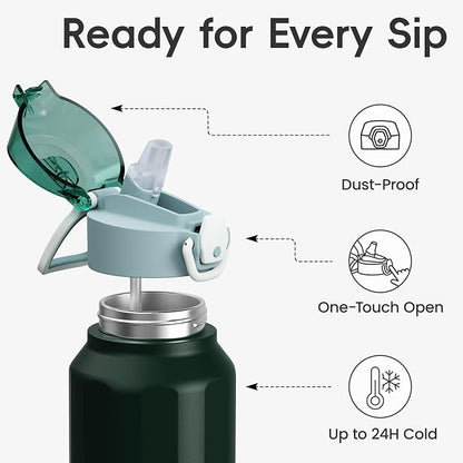 Konokyo FLOWPLAY 40oz Locking Push-Button Water Bottle with Silicone Spout,Leak-Proof,18/8 Stainless Steel Double-Wall Vacuum Insulated for Sports and Travel,BPA-Free,Dark Green