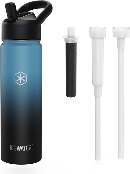 ICEWATER 24 oz Versatile Water Bottle, Regular & Filtered Straw with Filter | Reduces Chlorine Taste & odor, Removes Microplastics and Particulates, Ideal for Travel, Stainless Steel Insulated, BPA-Free