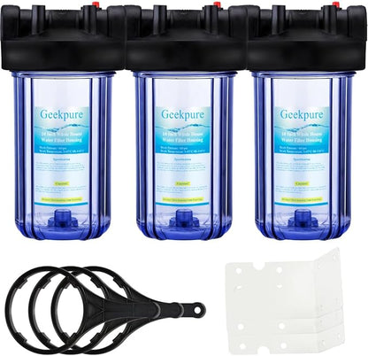 Geekpure 10 Inch Water Filter Housing for Whole House Water Filtration with Wrench Bracket -1" Port-Clear -4.5" x 10" Pack of 3