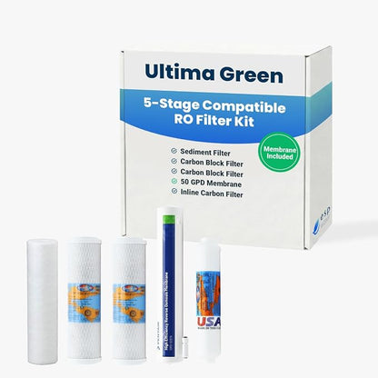 Ultima Green RO Compatible 5 Filter Replacement Kit with 50 GPD RO Membrane – 5-Stage Water Filters for Reverse Osmosis System – Sediment, Carbon Block, GAC, Membrane | Compatible with Guaranteed Fit, 50 GPD RO Membrane, Sediment and Carbon Filters, Fo...