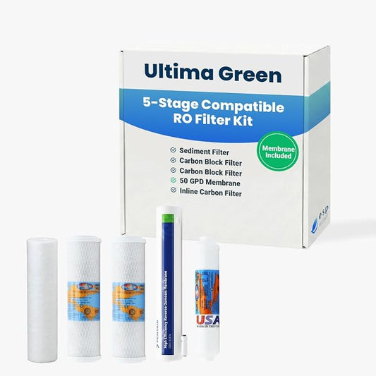 Ultima Green RO Compatible 5 Filter Replacement Kit with 50 GPD RO Membrane – 5-Stage Water Filters for Reverse Osmosis System – Sediment, Carbon Block, GAC, Membrane | Compatible with Guaranteed Fit, 50 GPD RO Membrane, Sediment and Carbon Filters, Fo...
