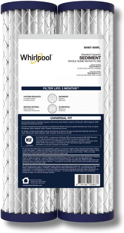 Whirlpool 10" x 2.5" Whole House Sediment Water Filters, WHKF-WHPL Pleated Filter, 20 Micron, NSF Certified Reduces Sand, Soil, Silt & Rust for Standard Filter Housings, 2-Pack