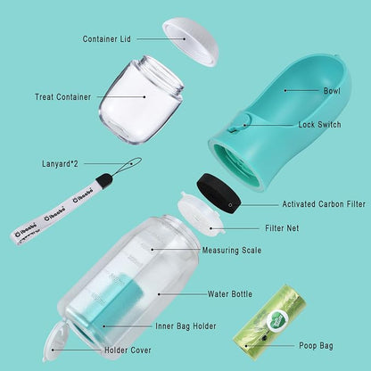 Cibaabo Dog Water Bottle with Food Container & Poop Bag Holder & Filter | Travel Water Bowl, Portable Pet Dispenser, Dog Gifts, Puppy Essentials for Walking Hiking