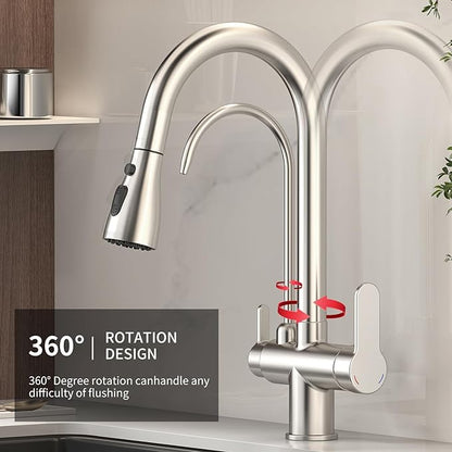 Kitchen Sink Faucet with Pull - Down Sprayer, 2 - Handle 3 - in - 1 Kitchen Sink Filter Faucet, Cold and Hot Mixer Drinking Water Faucet (3-in-1 Filter Faucet, Brushed Nickel-1)