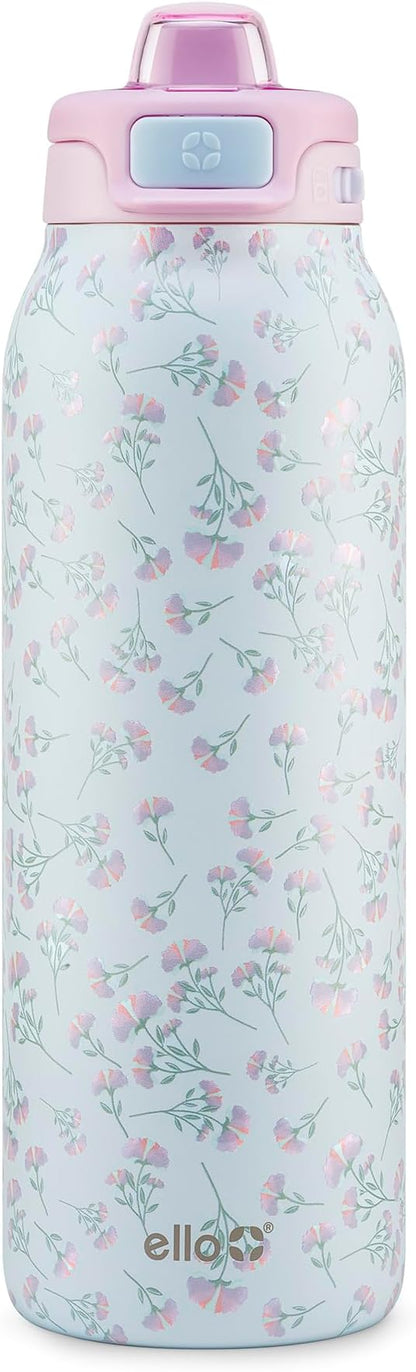 Ello Pop & Fill 32oz Stainless Steel Water Bottle with QuickFill Technology, Double Walled and Vacuum Insulated Metal, Leak Proof Locking Lid, Straw and Chug, Reusable, BPA Free, Serene Bloom