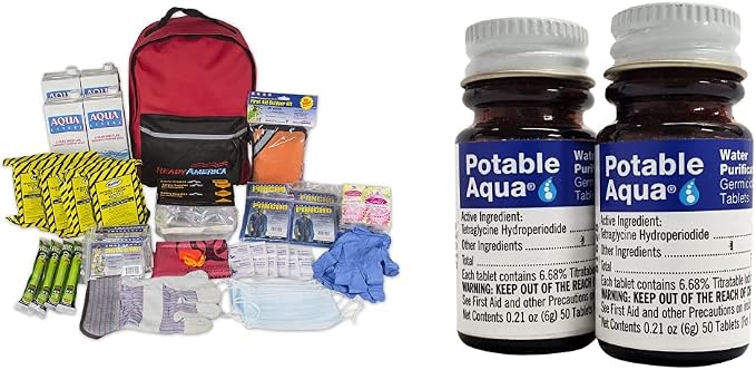 Ready America 72 Hour 4 Person Emergency Kit + Potable Aqua Water Purification Tablets