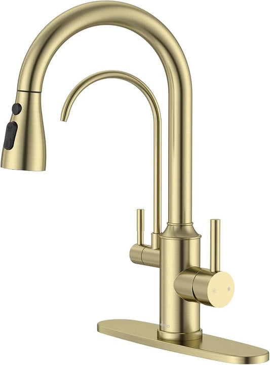 APPASO Kitchen Faucet with Water Filter (Without Water Filtration Device), 2 Handle 3 Way Gold Kitchen Sink Faucet, High Arch 3 Hole Kitchen Faucet with Pull Down Sprayer - 3 in 1 Faucet