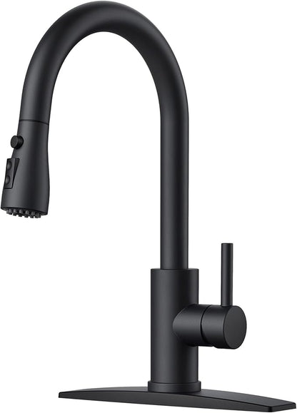 FORIOUS Black Kitchen Faucet with Pull Down Sprayer, Bar High Arc Single Handle Traditional 3 Modes Stainless Steel Faucet for Kitchen Sink Farmhouse RV Laundry Camper
