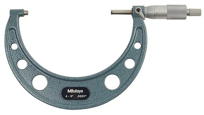 Mitutoyo 103-219 Outside Micrometer, 4-5" Range, 0.0001" Graduation, ±0.00015" Accuracy, Ratchet Stop, Vernier Scale, Satin-Chrome Sleeve, Baked-Enamel Frame, Carbide-Tipped Measuring Faces