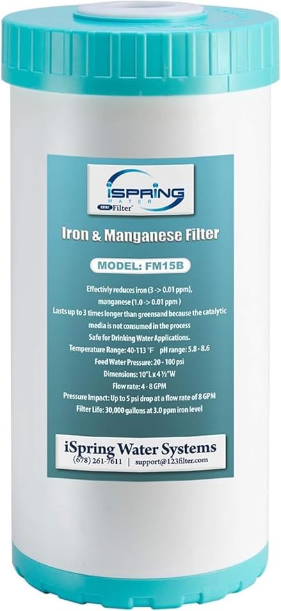 iSpring FM15B Iron and Manganese Reducing Replacement Water Filter Cartridge for Whole House Water Filtration System iSpring WGB21BM, 10"x4.5" High Capacity