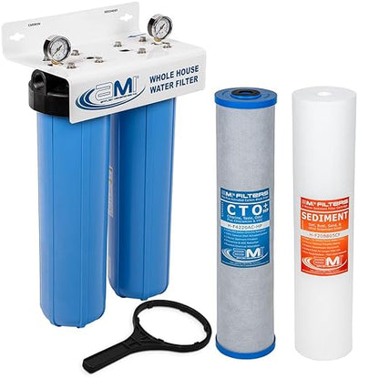 APPLIED MEMBRANES INC 2-Stage Whole-House Water Filter System with 4.5x20-Inch Sediment and Carbon-Block Filters, Removes Sediment, Chlorine, Chloramine, Chemicals, Taste, and Odor