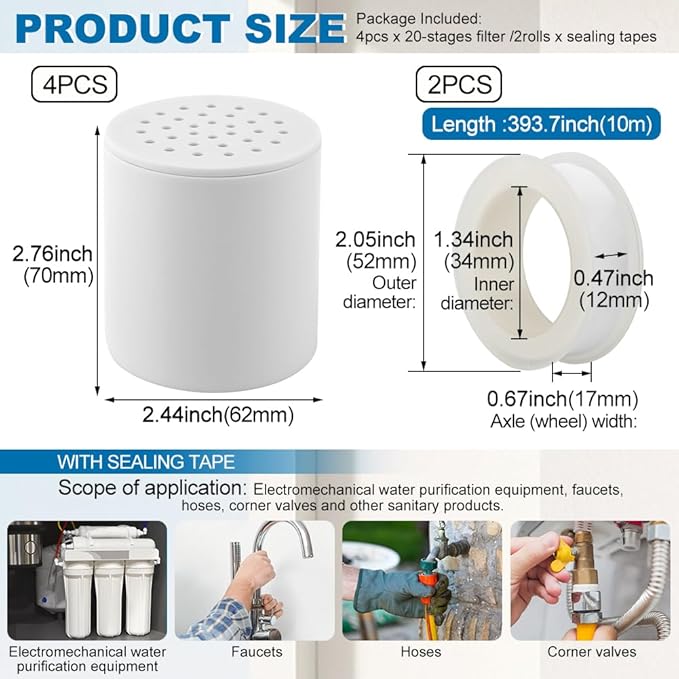 4 Pack 20 Stage Shower Head Filter Universal Replacement Cartridge with Sealing Tapes for Water Soften, Remove Heavy Metals, Iron, Other Sediments