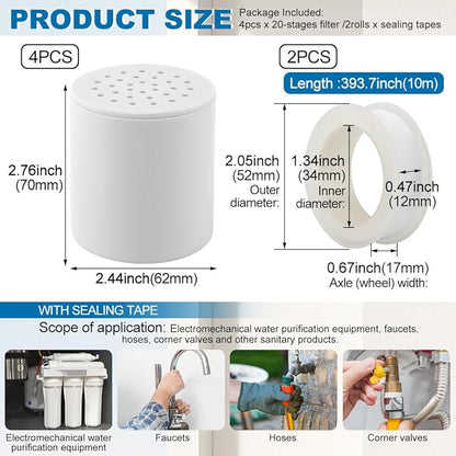 4 Pack 20 Stage Shower Head Filter Universal Replacement Cartridge with Sealing Tapes for Water Soften, Remove Heavy Metals, Iron, Other Sediments