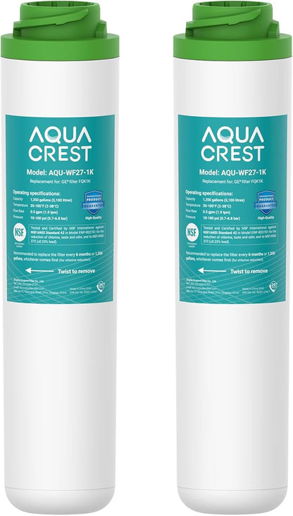 AQUA CREST FQK1K Under Sink Water Filter, Replacement for GE FQK1K, FQK2J, Compatible with GE GXK185K and GX1S50R, NSF/ANSI 42 372 Certified, Reduces Chlorine, Taste&Odor, 1350 Gallons, 2 Pack