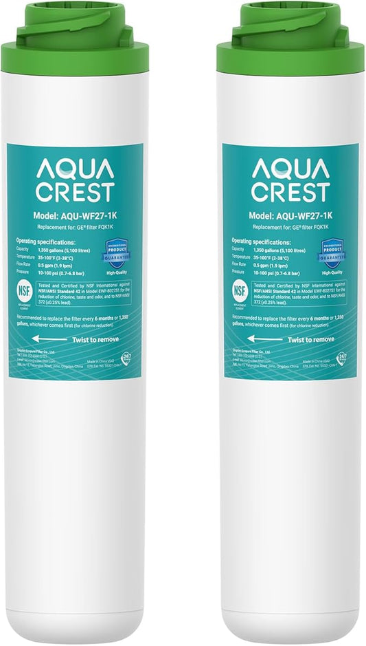 AQUA CREST FQK1K Under Sink Water Filter, Replacement for GE FQK1K, FQK2J, Compatible with GE GXK185K and GX1S50R, NSF/ANSI 42 372 Certified, Reduces Chlorine, Taste&Odor, 1350 Gallons, 2 Pack