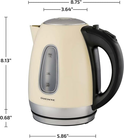 OVENTE Electric Kettle, 1.7L Stainless Steel Water Heater and Boiler for Coffee or Tea with BPA Free & Cordless Body, Auto Shut-Off, Boil-Dry Protection, LED Light and Removable Filter, Beige KS96BG