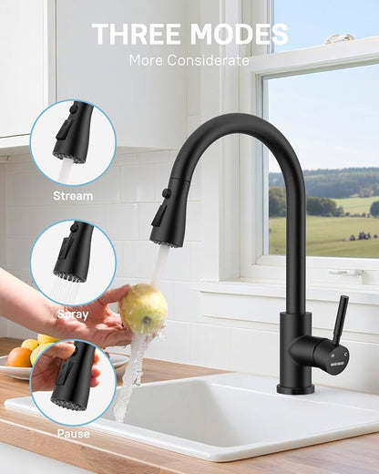 WEWE Kitchen Faucet with Pull Down Sprayer and Soap Dispenser, Matte Black High Arc Single Handle Stainless Steel Sink Faucet, Suitable for Farmhouse, RV & Laundry